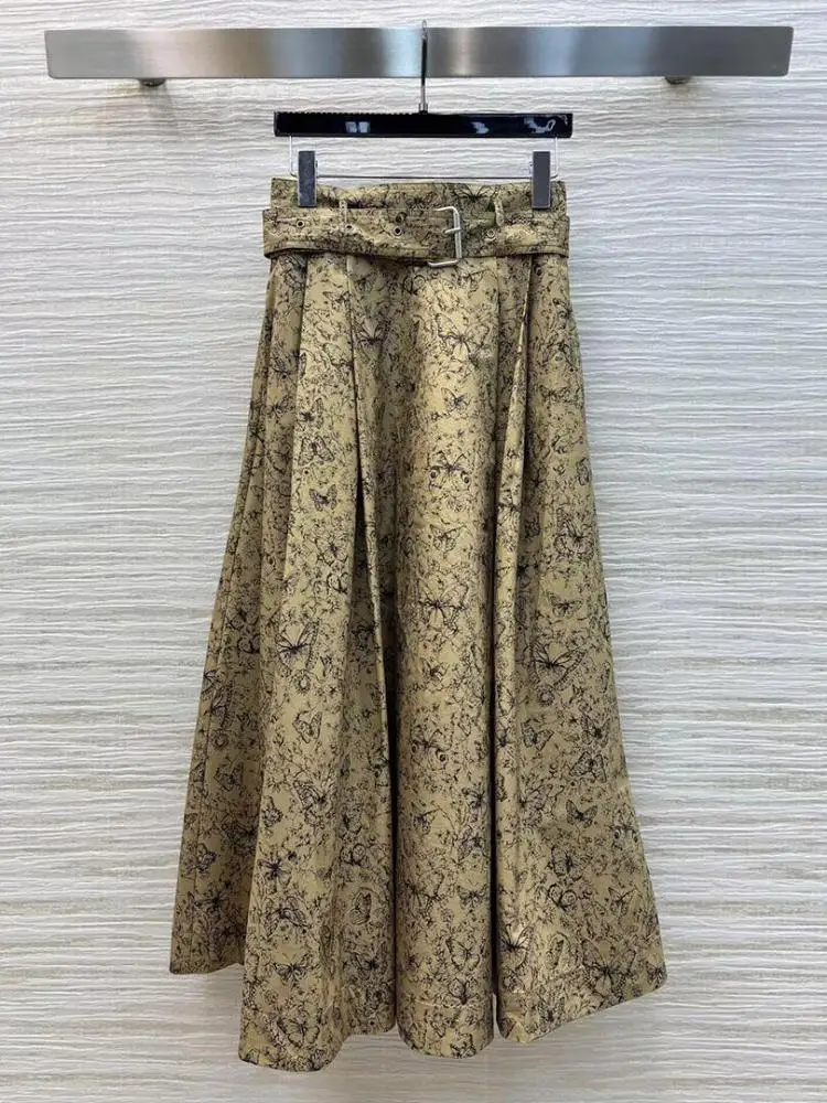 

2025 New Fashion Spring Ball Gown Skirts Womens High Waist Belt Betterfly Printing All-matched Vintage Floor Length Long Skirt
