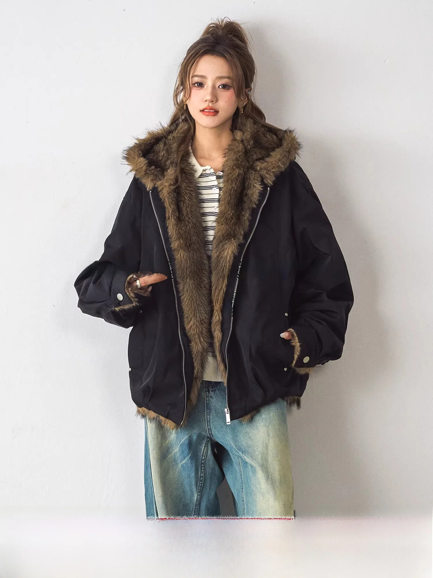 

Thiened Cotton Jaet Women's Bla Fur Collar Mountain Eagle Coat Warm Plu Winter Street Sle Loose Fit Hooded Zipper