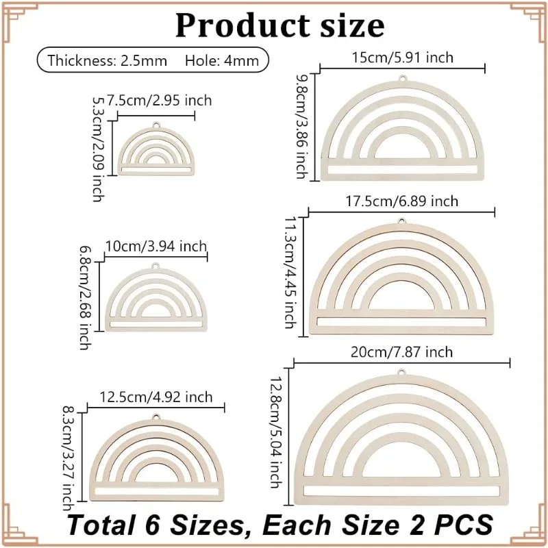 12 szt. Półokrągłe formy do cięcia makramy 2/3/4/5/6 cala drewno makrama półokrągły szablon do cięcia łapacz snów wiszący na ścianie
