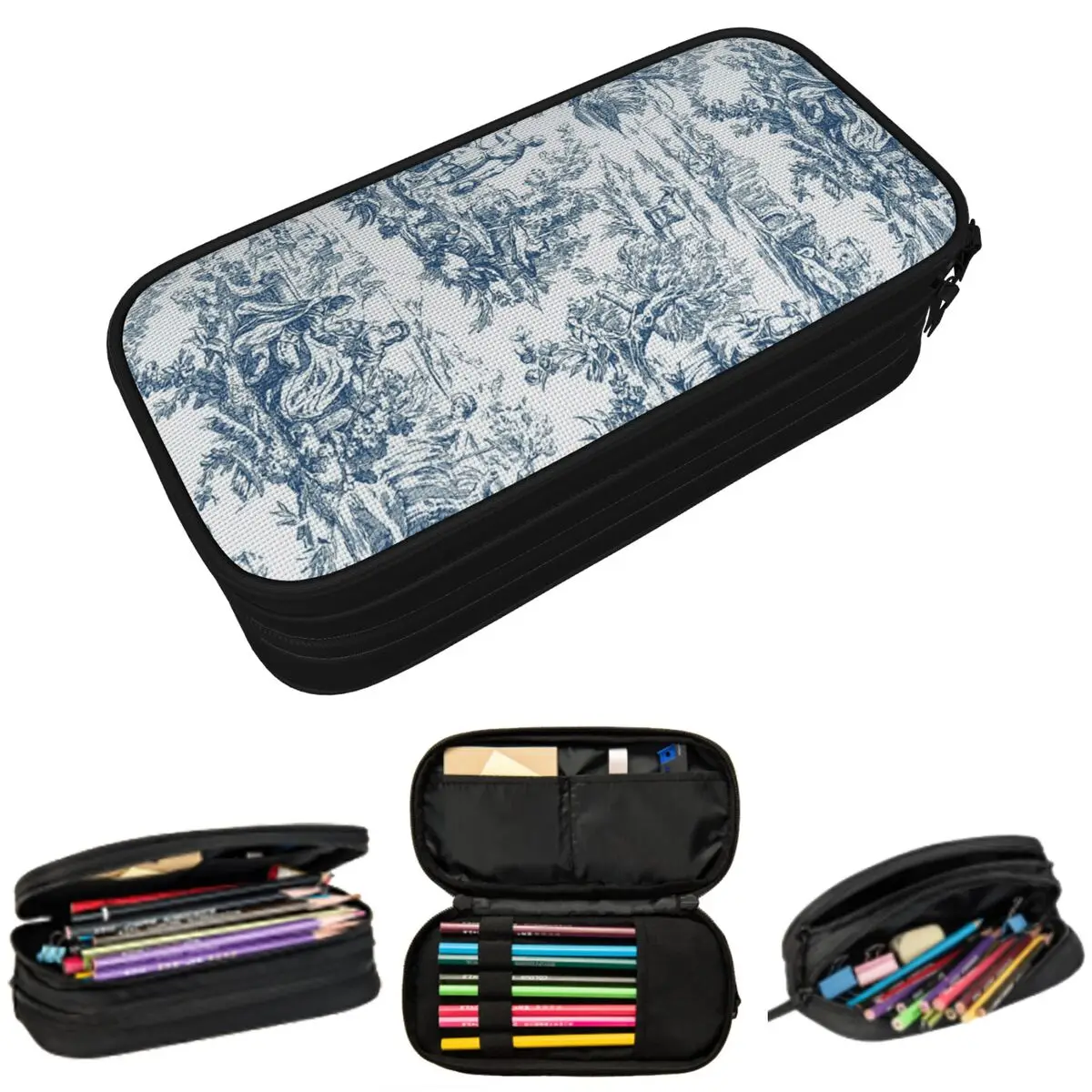 

French Navy Blue Toile De Jouy Motif Pencil Case for Boy Girl School Pen Box Pencil Bag Stationery Supplies Pen Holder Bag