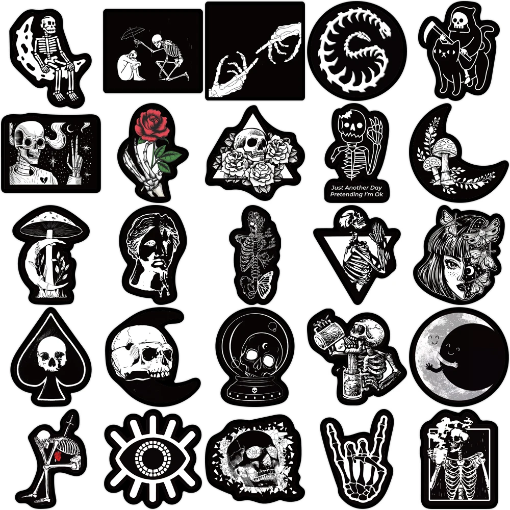10/25/50pcs Black and White Gothic Skull Stickers Decals Cartoon Graffiti DIY Notebook Luggage Wall Decoration PVC Sticker