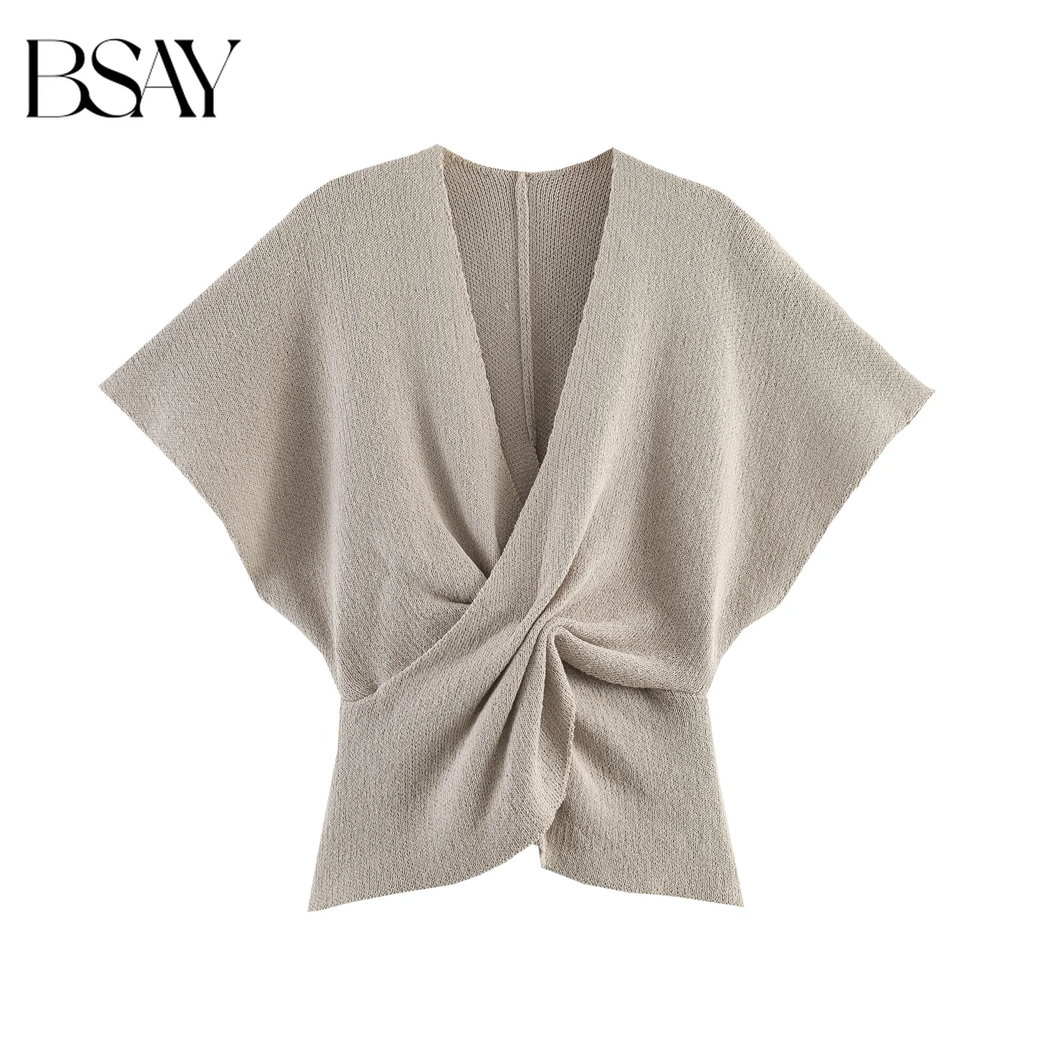

BSAY Elegant Ladies Solid Knit Short Top Deep V Neck Twisted Front Waist Cinched Batwing Sleeve Summer Office Casual Knit Shirt
