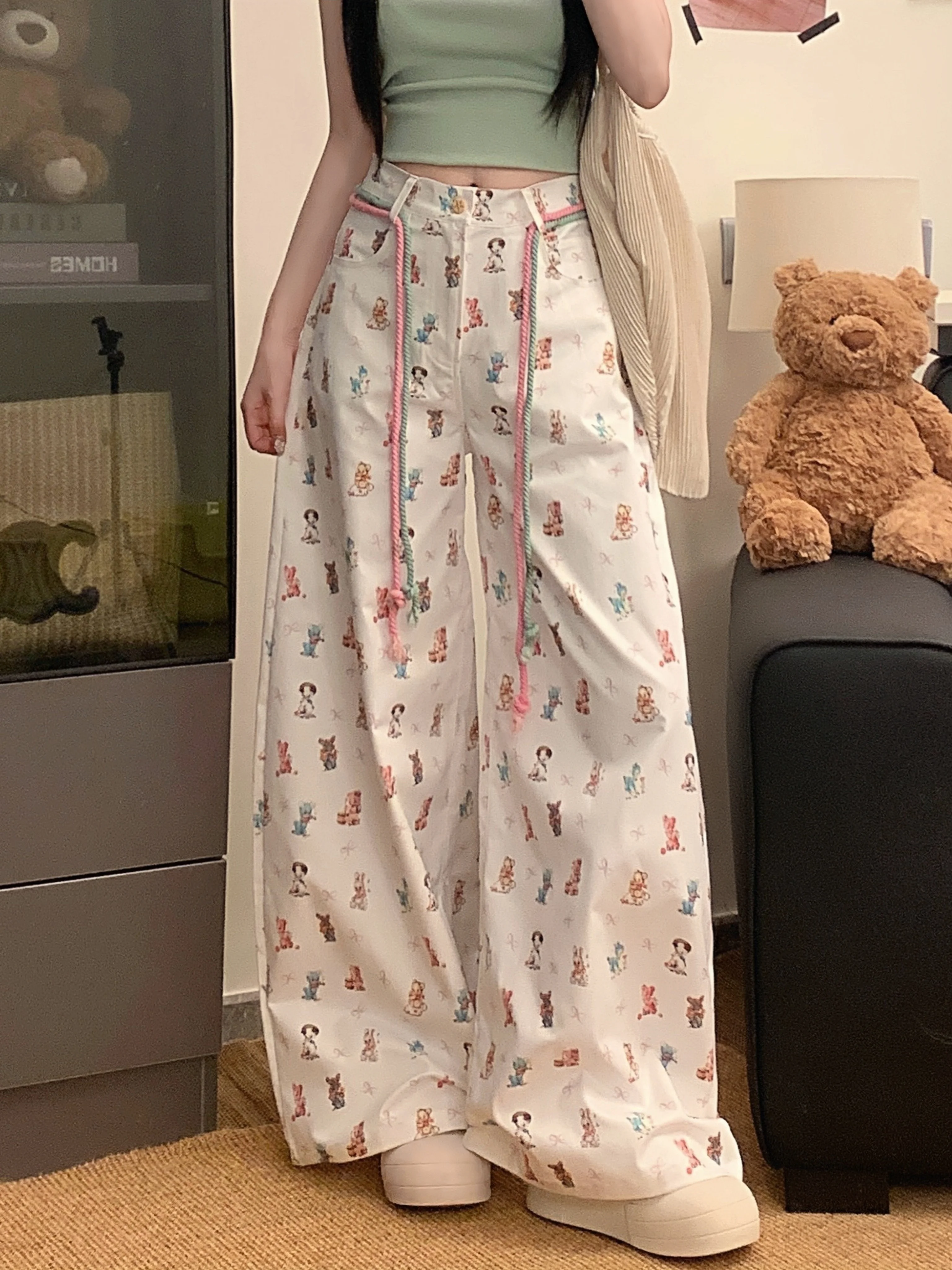 

Women's Apricot Cartoon Animal Print Two-Color Drawstring Trousers Korean Loose High Waist Wide-Leg Pants Harajuku Casual Pants