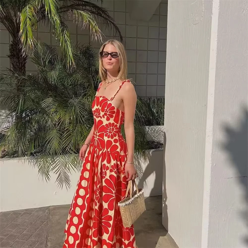 

Fashionable and simple daily long waist slimming women's clothing, red printed sexy backless suspender long dress