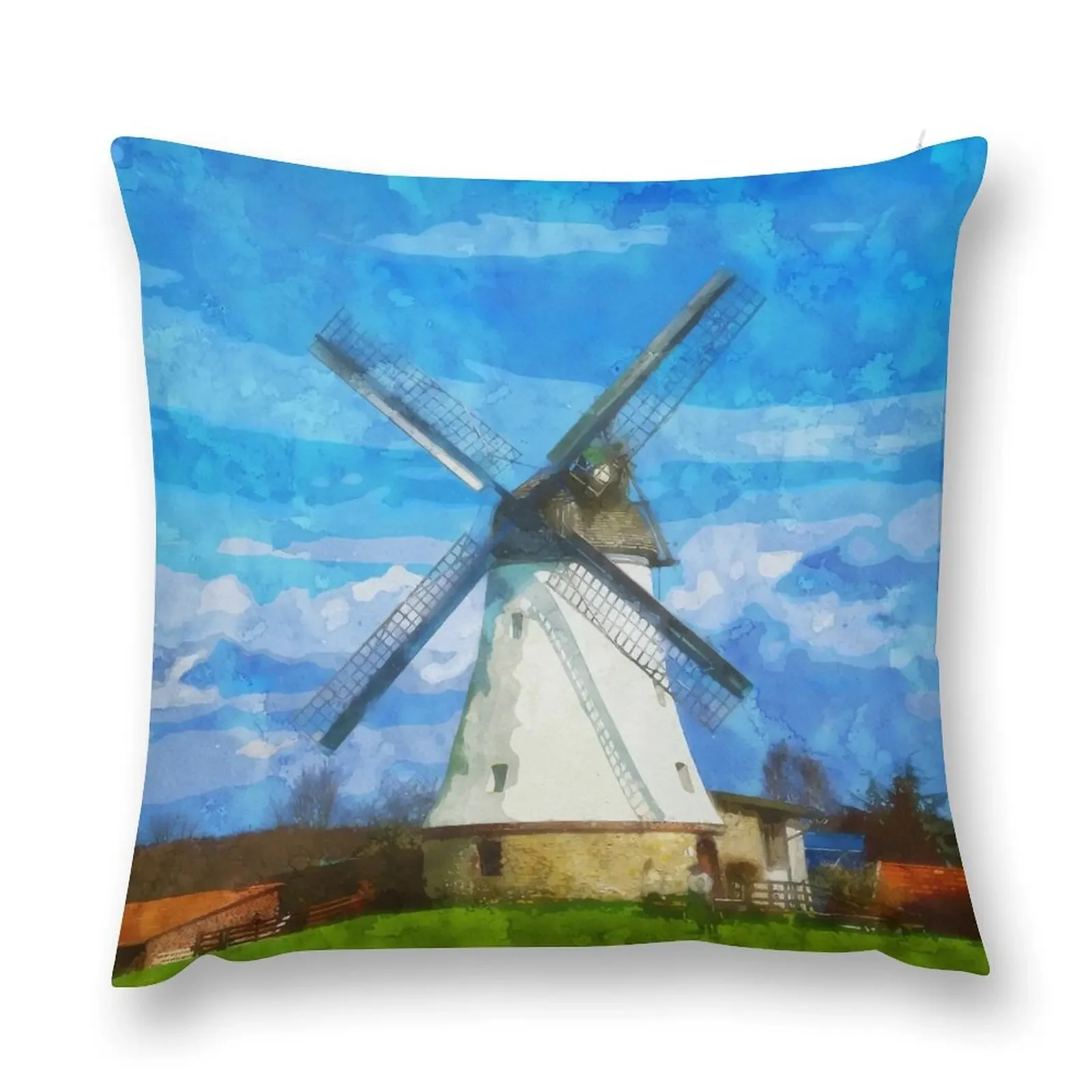 

Large Blue Sky with Windmill in Lower Saxony Germany - Watercolor Throw Pillow New year Christmas Pillow Covers pillow