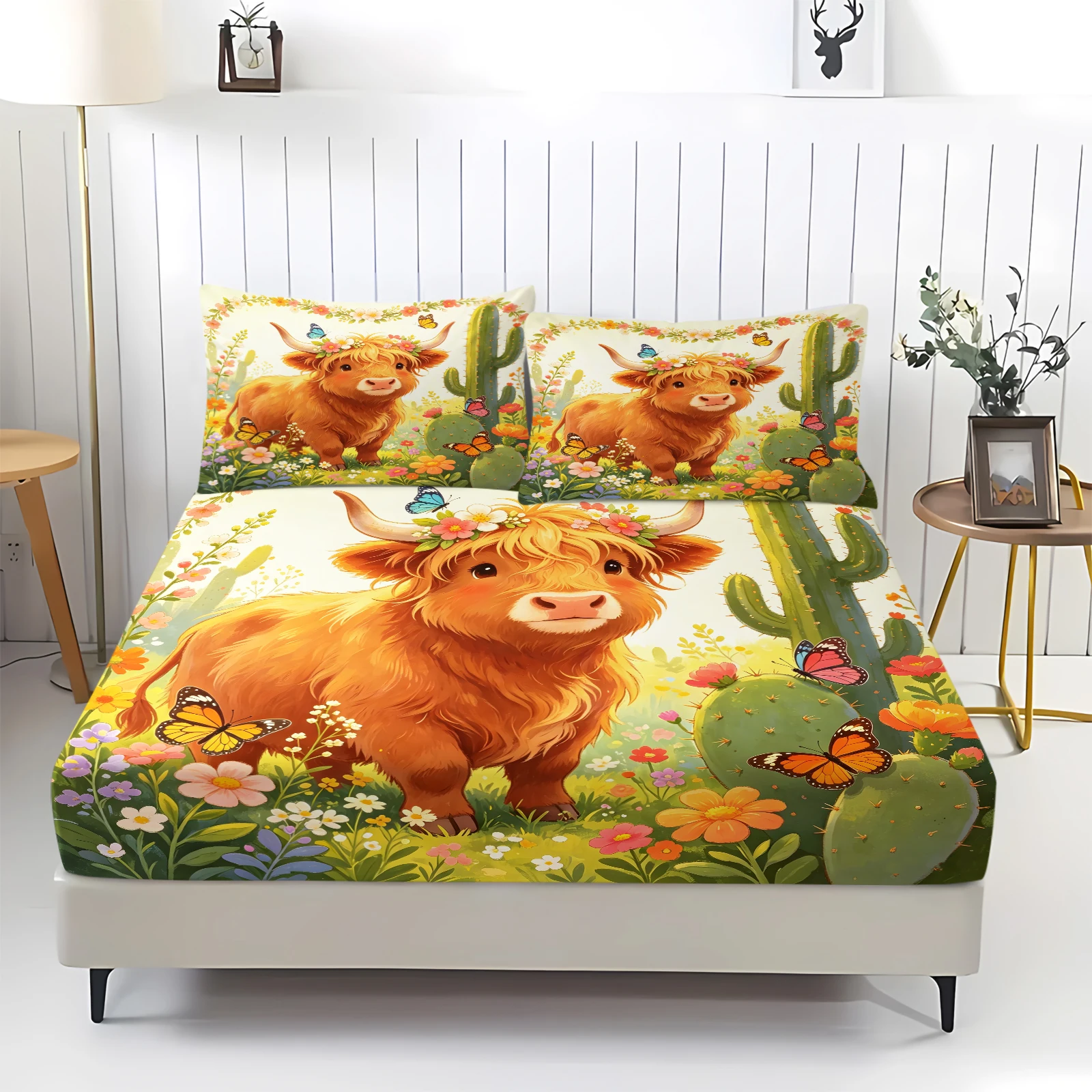 Cartoon Highland Cow Floral Cactus Fitted Bed Sheet Set Stretch Deep Pocket Elastic Mattress Protector Soft Washable Bedding Set