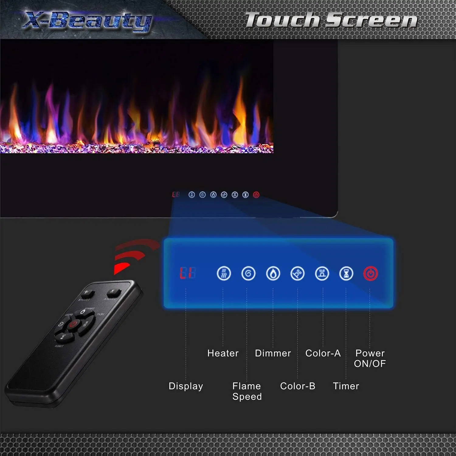 Wall Mounted 1500W Fireplace Heater and Linear Fireplace with Timer/Multicolor Flames/Touch Screen/Remote Control (Black)