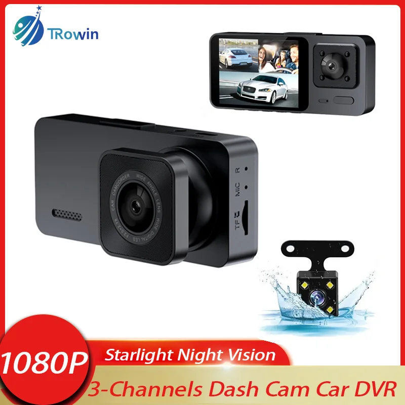 HD1080P 2Inch 3-Channels Dash Cam Car DVR Front Inside Rear Wide Angle Reverse Image Time-Lapse Video Night Vision Black Box