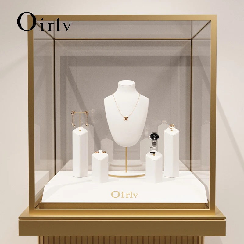 Oirlv White Jewelry Display Prop Shop Microfiber&Metal Window Exhibition for Necklace Earrings Ring Watch Jewelry Display Stand