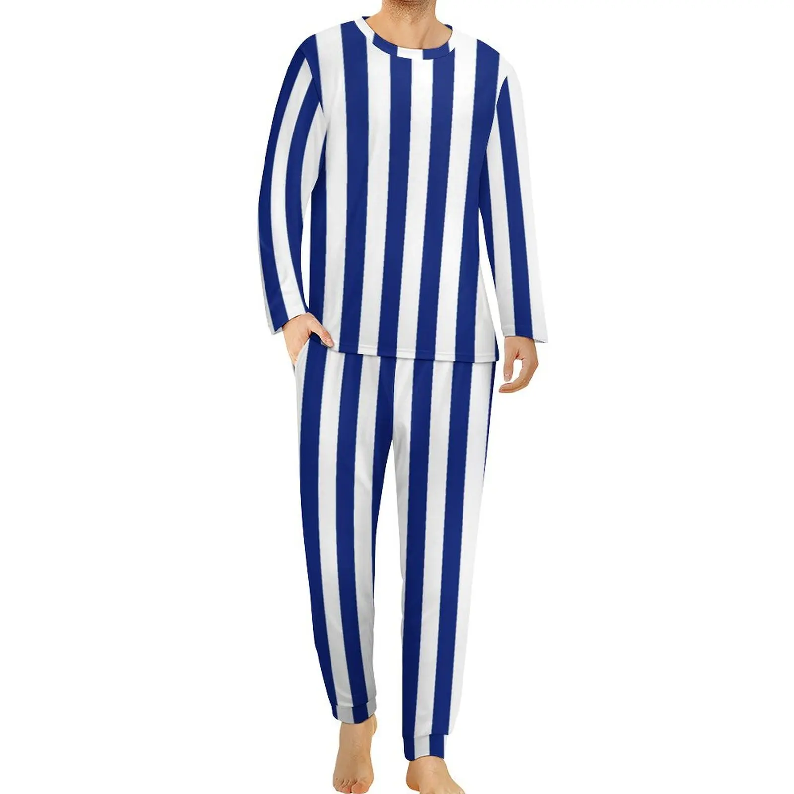 Nautisches Design Pyjama Herbst vertikale dunkelblaue Streifen Nacht Nachtwäsche Männer 2 Stück Grafik lange Ärmel übergroße Pyjama-Sets