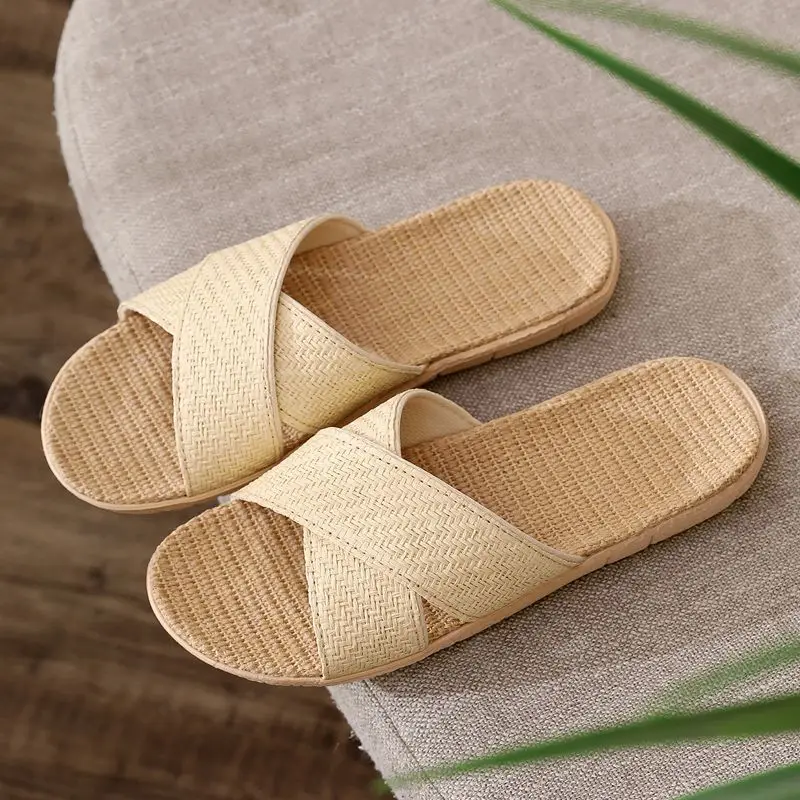 2026 New Men's Linen Slippers Non-Slip Sole House Indoor Slides Comfortable Thick Bottom Home Slippers