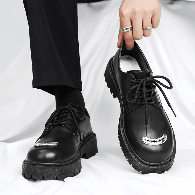 

2025 New Men's Black Casual Leather Shoes - Lace-Up Round Toe Fashion Niche Low-Top Platform Elevator Shoes for Trendy Guys