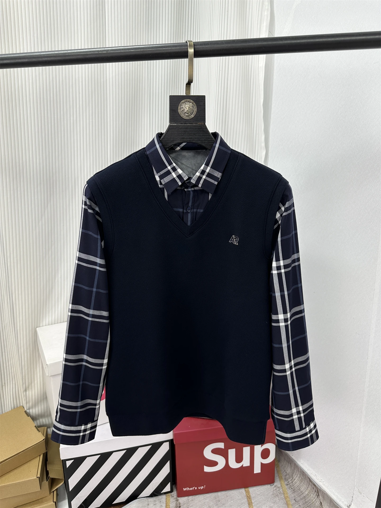 

Warm Plaid irt Collar Knitted Sweater Men's Fake Two-Piece Modal Blend Fce Lined Busin Casual Long Sve irt