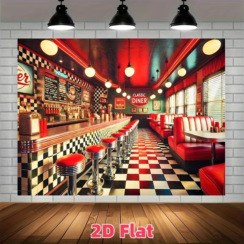 2D-Retro-Wandbild im amerikanischen Restaurant-Stil – Fotohintergrund aus Polyestergewebe im Stil der 1950er Jahre, mit kariertem Boden und Neonlichtern – Detail 2