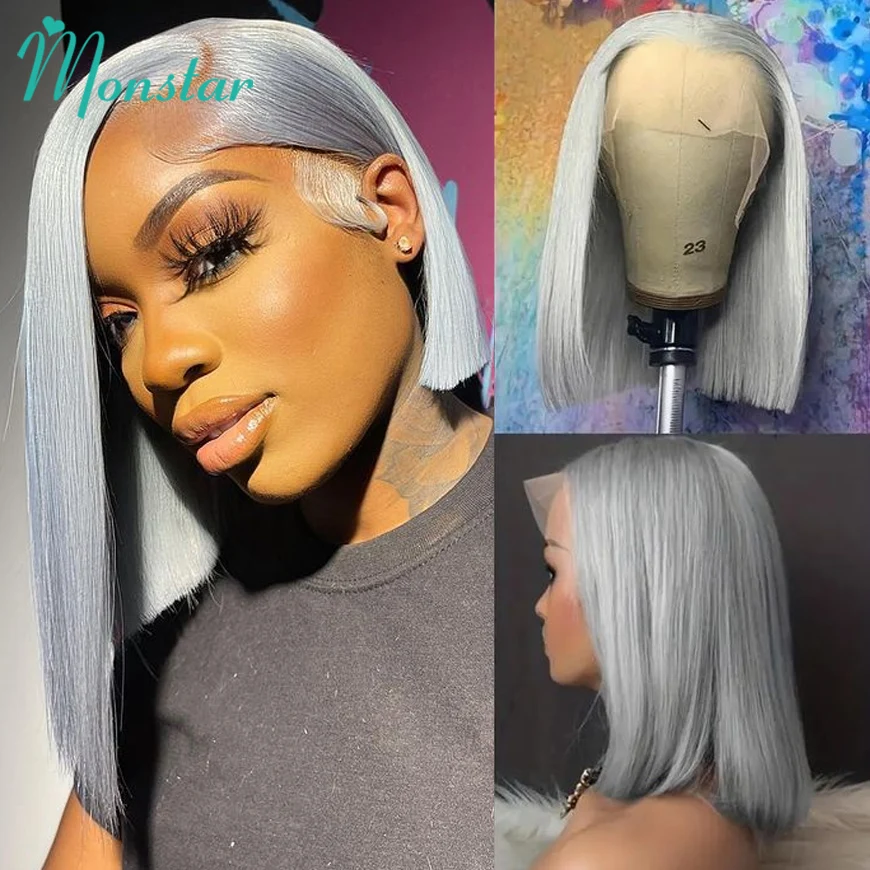 Sliver Grey Short Bob Human Hair Wigs 13x6 613 Blonde Bob Wig Transparent Lace Frontal Wig Bone Straight Brazilian Remy Hair Wig