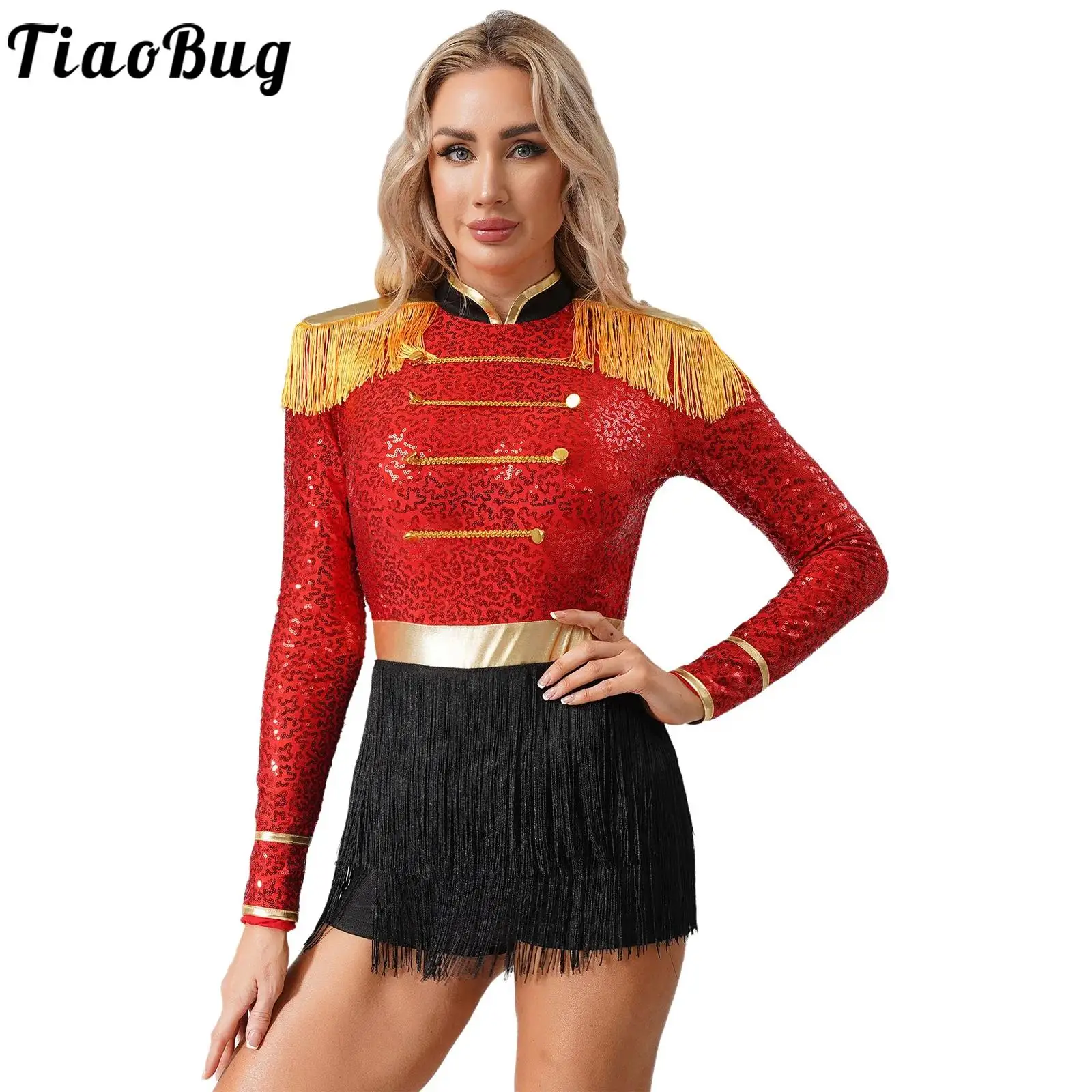 

Women Circus Ringmaster Costume Sequin Long Sleeve Fringed Leotard Jumpsuit Clubwear Halloween Carnival Party Role Play Dress Up