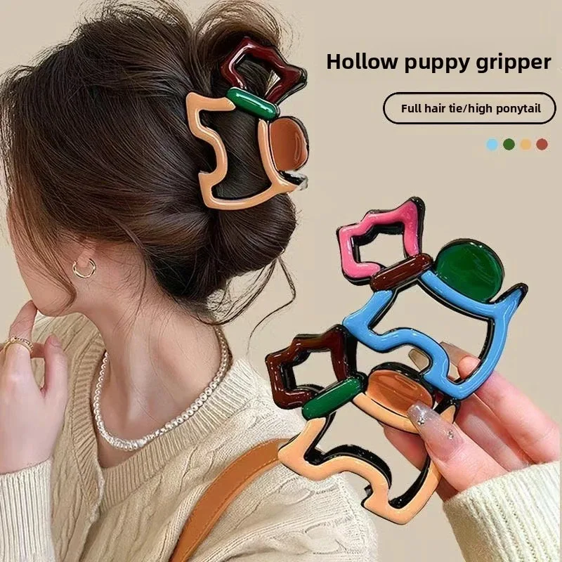 

Cute Color-Block Line Puppy Claw Clip Dopamine Cartoon Painted Hair Bun Shark Clip Daily Versatile Student Hair Accessory