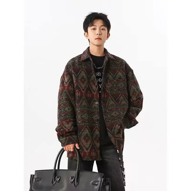 

Retro Floral Print Men's Jaet Cotton Lined Loose Fit Casual Collar Autumn Winter New Sle National Sle Embroidery irt