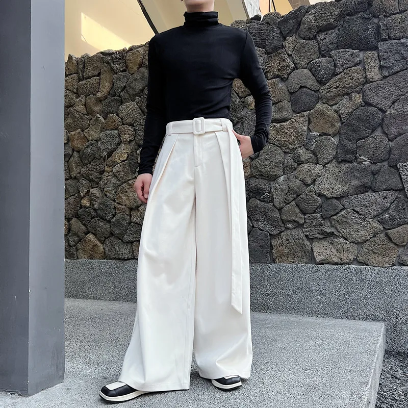 

Faionable Wide Leg Pants Men's Casual Belt Design Woolen Suit Pants mid High Waist Korean Version Straight Tube Floor-Lengt...