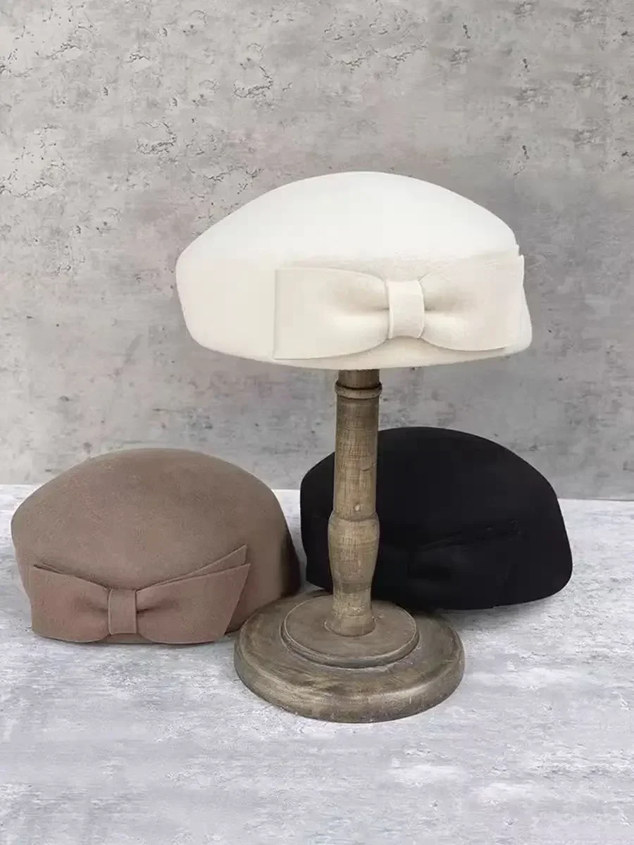 

Women's Wool Beret Hat with Bow | Winter Fascinator for Weddings & Church
