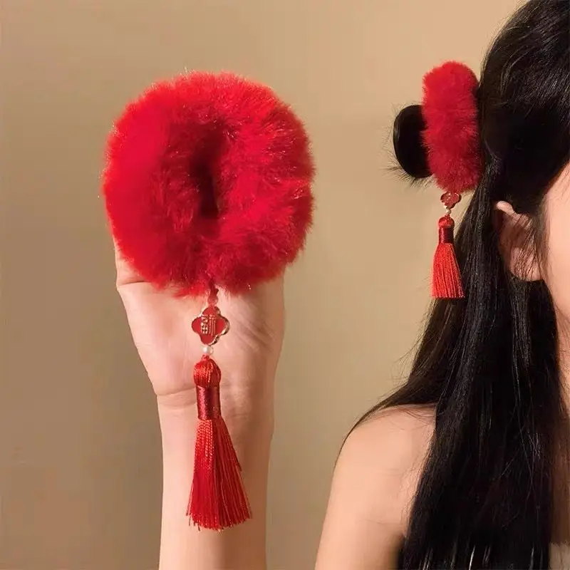 2pcs Chinese style New Year red tassel headband New Year celebration meatball hair tie flower hair accessory