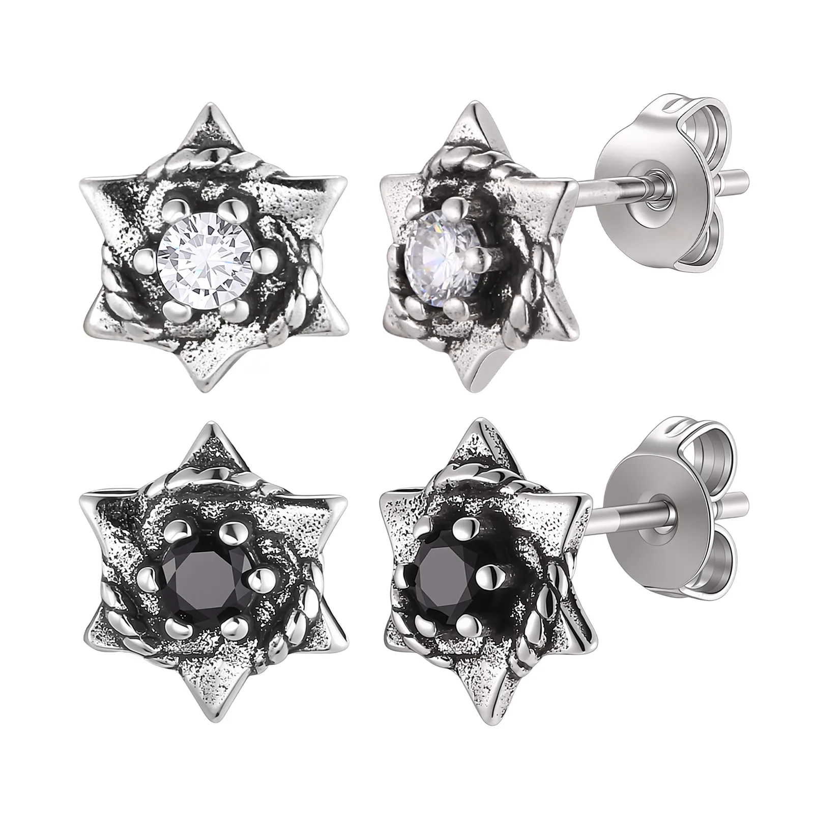 Hip Hop CZ Star Stud Earrings for Men,Minimalist Antique Silver Color Start Clear Crystal Pierced Earrings Jewelry