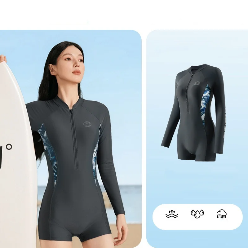 Women One Piece Quick-Drying Water Sport Beach Surfing SwimWear Goggles Cap Professional Long Sleeve WaterProof Bathing SwimSuit