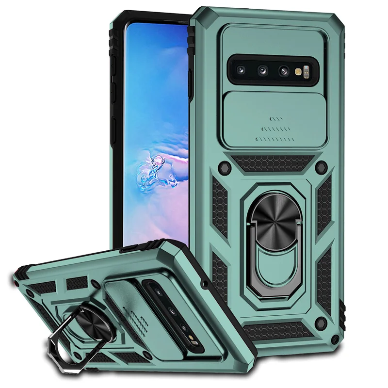 Shockproof Armor Case For Samsung Galaxy S10 Plus Slide Camera Protect Phone Case For Samsung S 10 S10+ Plus Ring Holder Cover