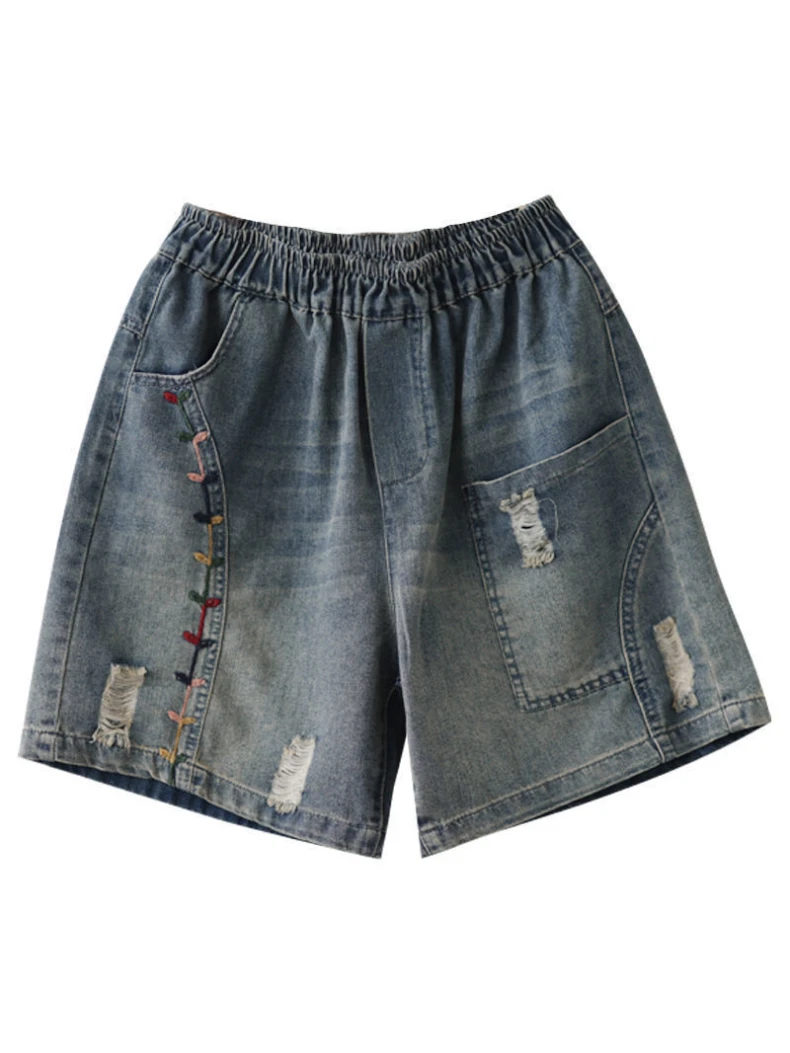 Women Elastic Waist Denim Shorts Ripped Loose Wide Leg Floral Embroidered Pocket Boyfriend Jean Shorts Summer Casual view 4