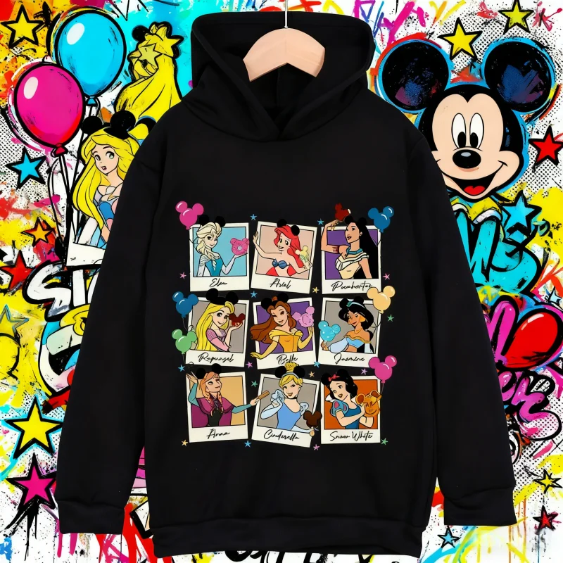 2025 الخريف الشتاء ديزني أزياء الأميرة الجميلة الدفء ملابس الأطفال ، عارضة 100% القطن الخالص المطبوعة هوديي