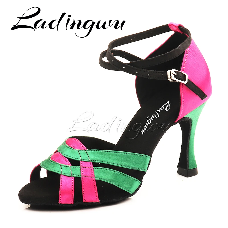 Ladingwu Salsa Jazz Ballroom Latin Dance Pink Shoes For Dancing Women Social Strip High Heels Contrasting Colors Satin Sandals