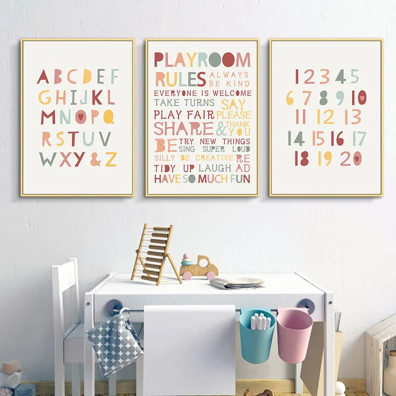 Modern Cute Sun Rainbow Cloud Canvas Poster Prints Alphabet Number Wall Decorative Picture for Kidsroom Nursery Home Art Decor