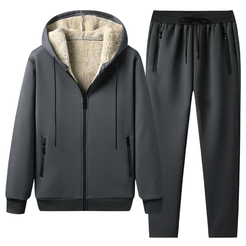 

Lamb cashmere Hoodies + Pants Winter Thicken Warm Men Sports Suits Tracksuit Hoodie Sportswear Zipper Cashmere hoodie mens