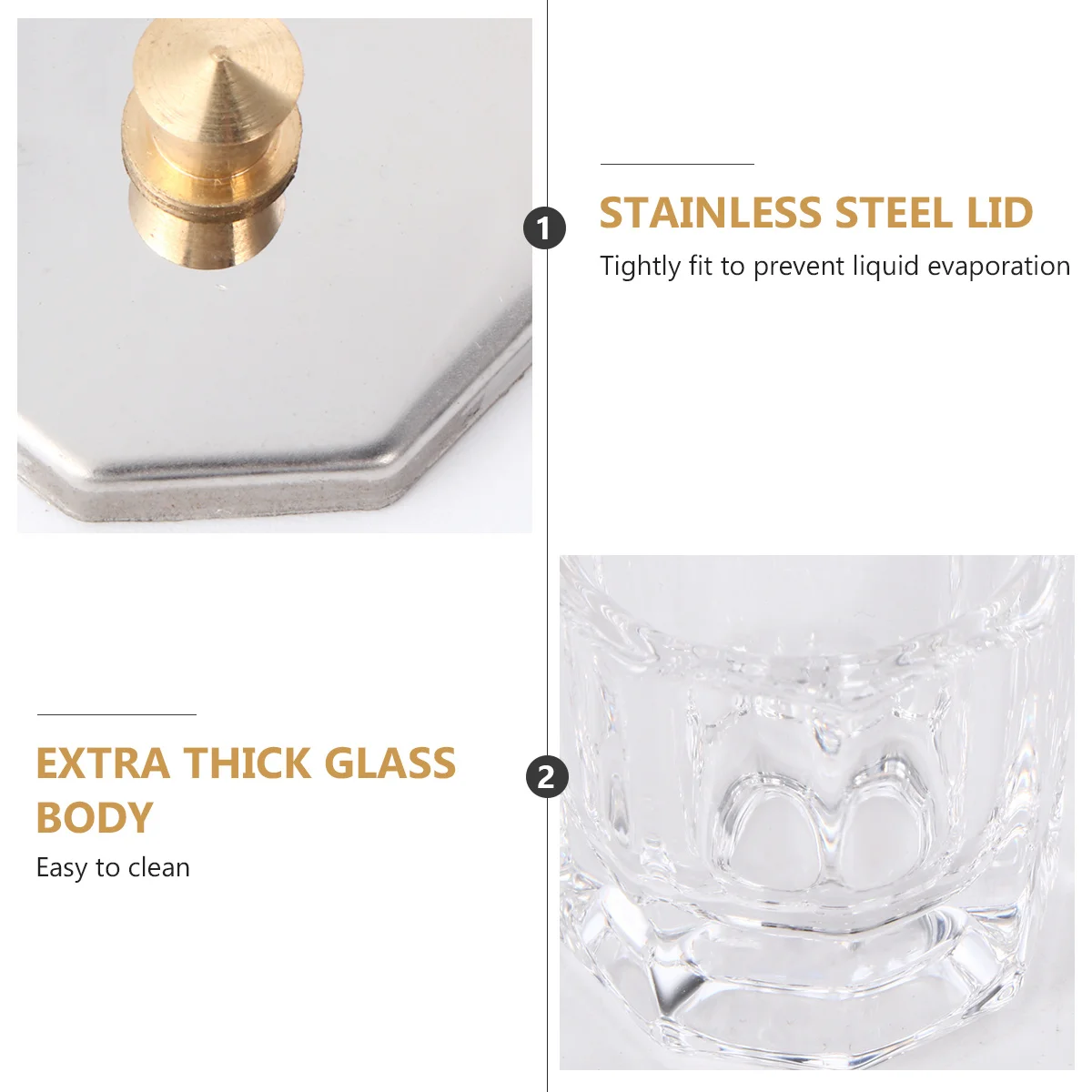 قطعتان من أكواب تزيين الأظافر الزجاجية المتينة المصنوعة من الفولاذ المقاوم للصدأ والزجاج، حاويات صغيرة شفافة مع أغطية للاستخدام الاحترافي