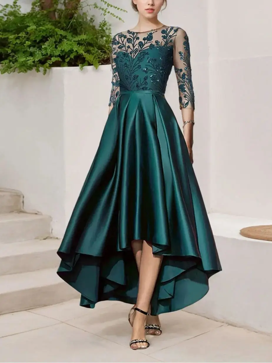 

Элегантное платье трапециевидной формы для матери невесты, атласное платье с овальным вырезом, рукавами 3/4, рюшами и цветами, блестками, асимметричный подол, 2025 г., бесплатно по индивидуальному заказу