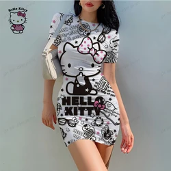 Summer Disney Hello Kitty Printed Girl Dress Short Sleeve Kids/Adult Parent-Child Dress Ladies Christmas Party Night Mini Dress