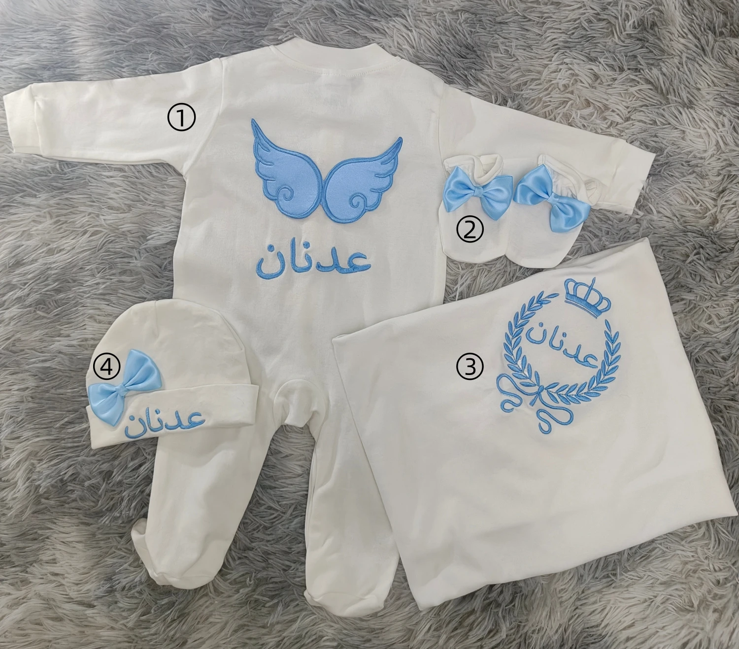 Conjunto de 4 Piezas de Mameluco de Algodón Suave de Lujo para Recién Nacido, con Nombre Árabe Personalizado, Alas de Ángel Azules, Transpirable, Regalo para Baby Shower