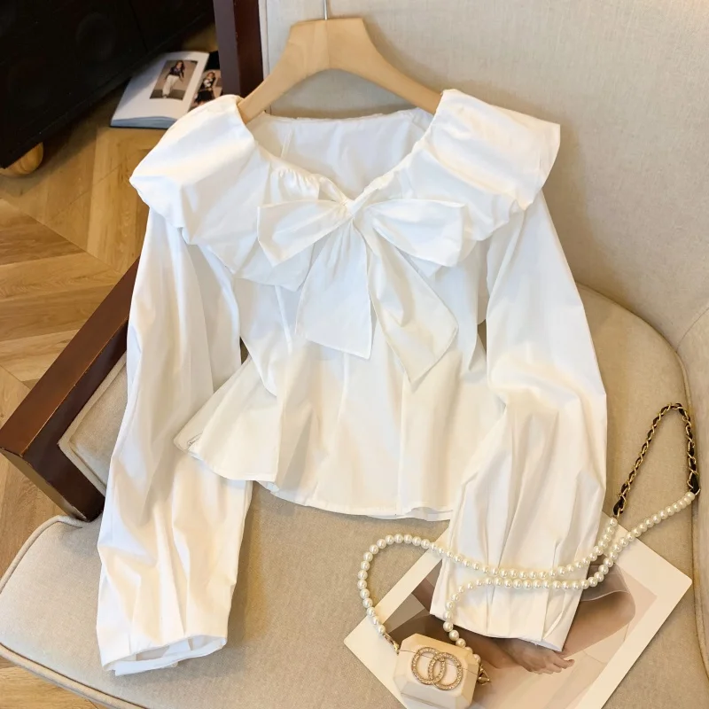 

Women White Shirts and Blouses Vintage Y2k Aesthetic Streetwear Korean 2000s Office Ladies Solid Color Long Sleeve Shirt Clothes