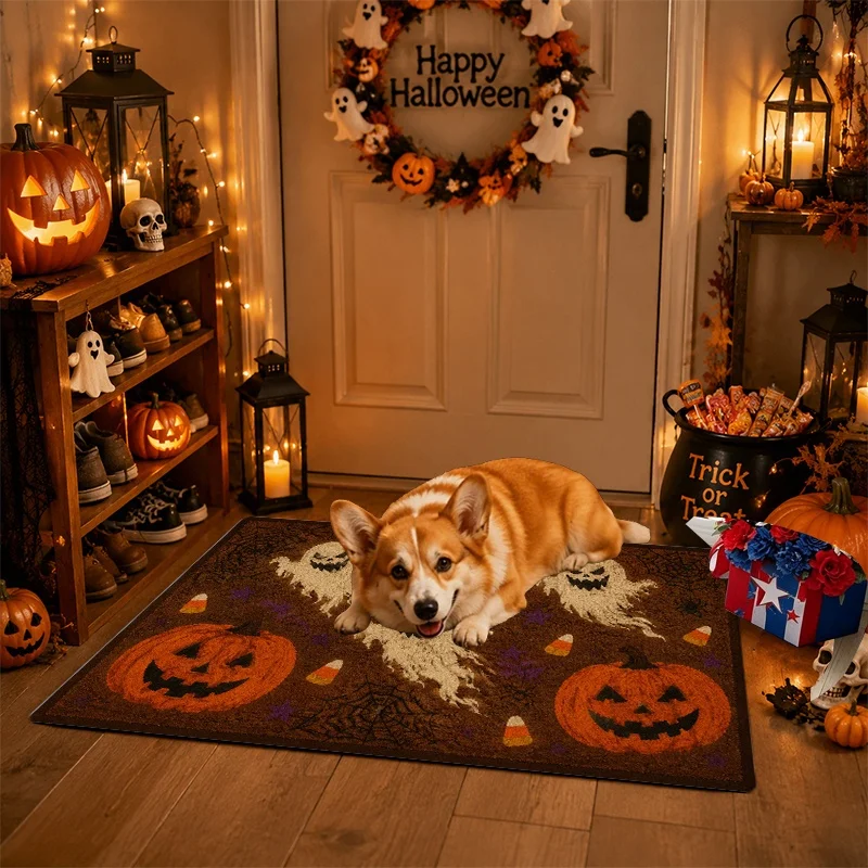 Witch Cat Halloween Doormat, Maple Leaf Bat Print Entry Mat, Spooky Holiday Front Door Home Decor Rug