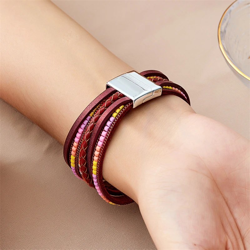 Böhmische Vintage mehr schicht ige Leder armbänder für Frauen hand gefertigte gewebte Leder breite Magnet verschluss Herren Armreif Modeschmuck – Detail 35