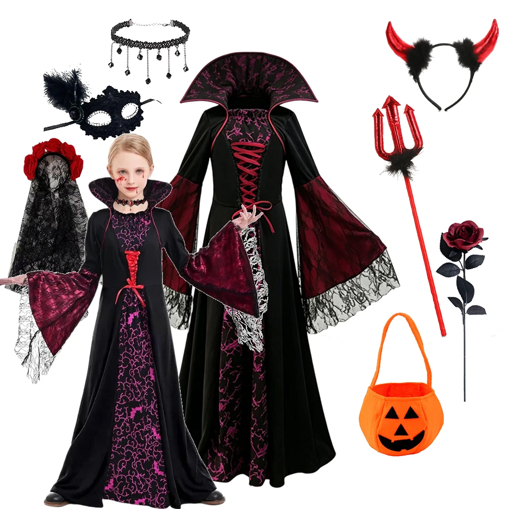 Kids Girls Halloween Witch Fancy Dress Medieval Vintage Printed Gown Lace‑Up Collar Flared Sleeves For Theme Party