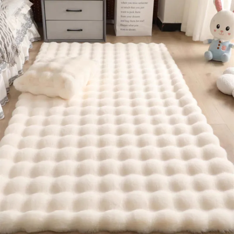 Nordic Faux Rabbit Fur Solid Color Area Rug Fluffy Non-slip Round Rugs for Living Room Bedroom Bedside Bubble Velvet Floor Mat