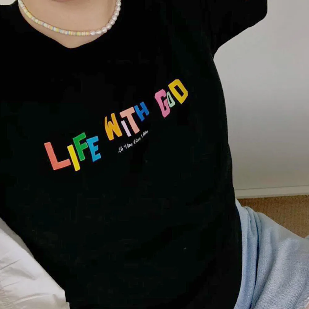 Life with God Rainbow Letters Printing Black Loose T Shirt Women Summer Short Sleeve Cotton Casual Tops Aesthetic Tee Shirts