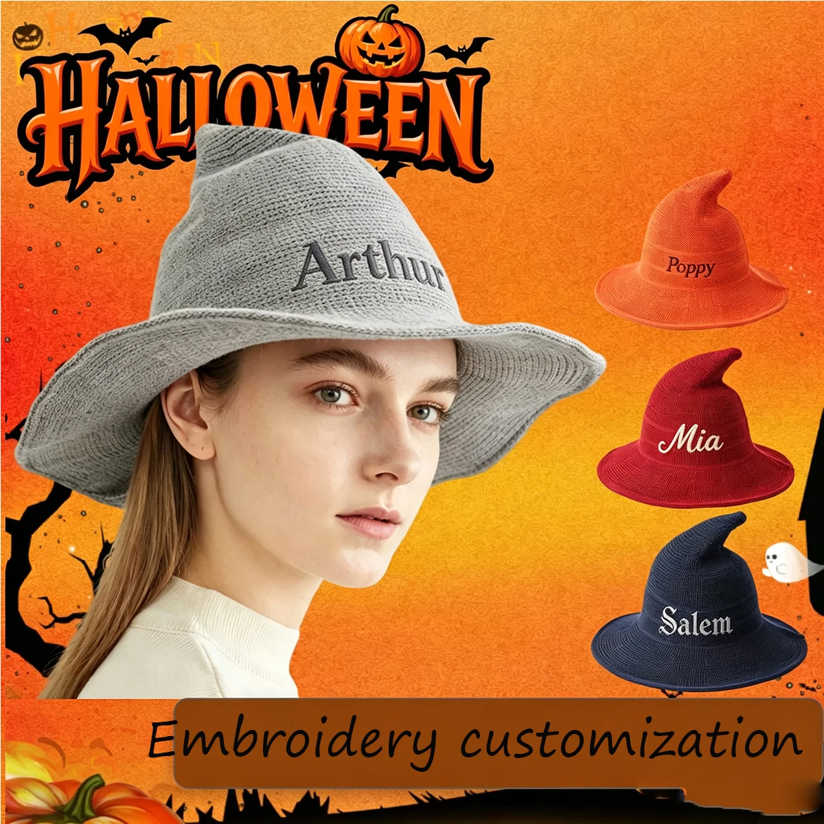 Custom Embroidered Witch Hat Knitted Pointed Wizard Hats Personalized Name Halloween Costume Party Cap for Cosplay Accessory