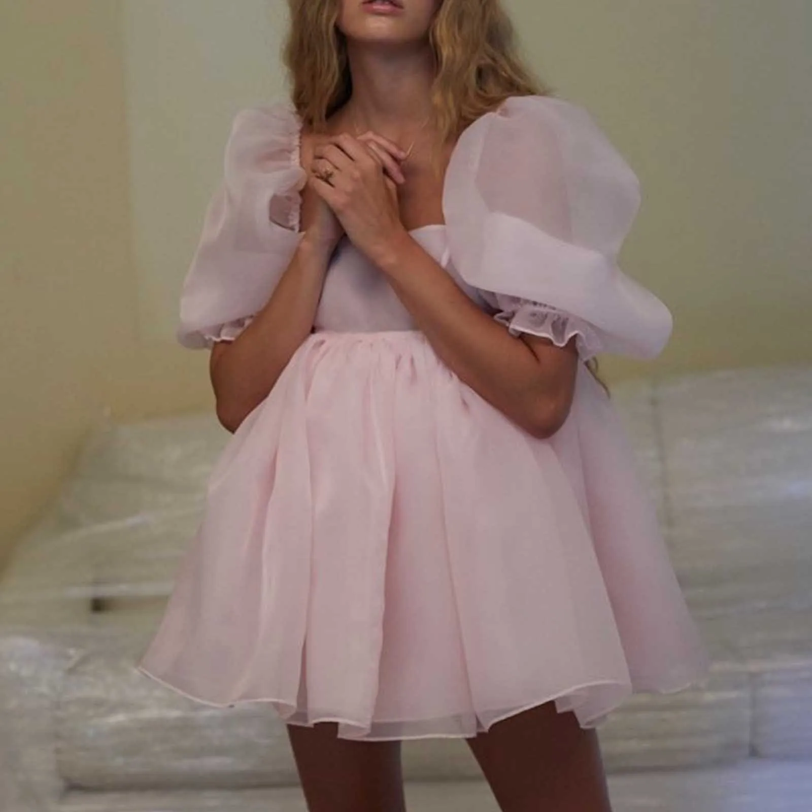 Robe tutu de princesse en tulle à manches bouffantes pour femmes, col carré, maille à volants, jupe bulle, élégante, mariage, soirée, robe de Rh