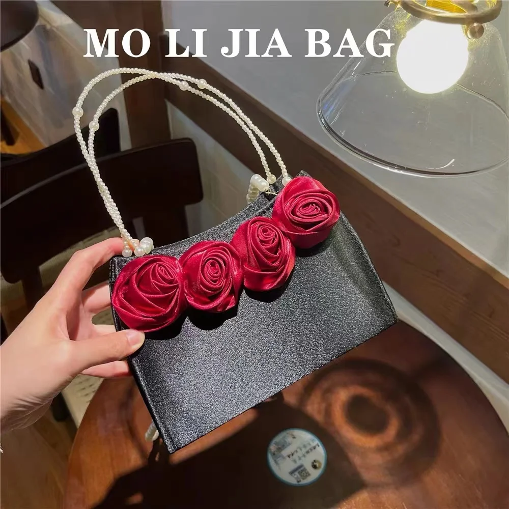 Torebka damska Satin Rose Floral Handmade Square Bag Fashion Pear Beading Evening Bag Wedding Party Clutch Purse Crossbody Bag