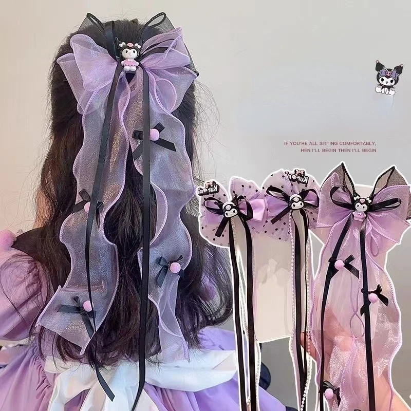 2024 New Kuromi Children's Purple Hair Clip Girl Cute Ribbon Bow Hair Card Girl Princess Headwear Baby Hair Accessories