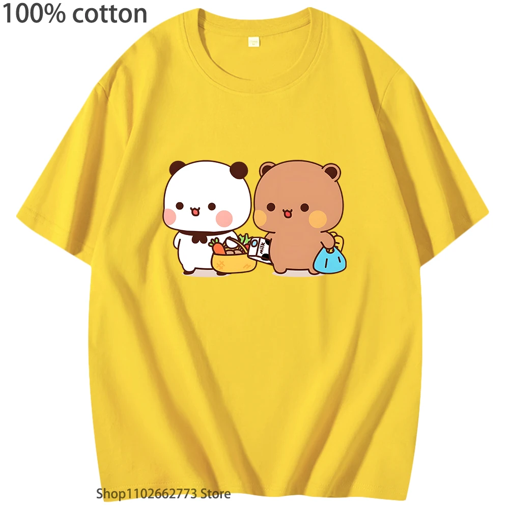 Cute Bubu and Dudu Go To Grocery Together T-Shirts Couple Kawaii Graphic Shirt Funny Panda Bear Tops Women Men 100% Cotton Tees