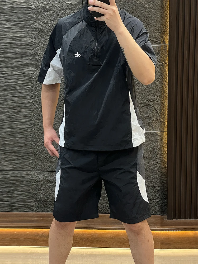 

Summer Trendy Workwear Set for Men Short Sleeve Stand Collar Zipper Pants Five Parts Suit Casual Sportswear Youth Fashion