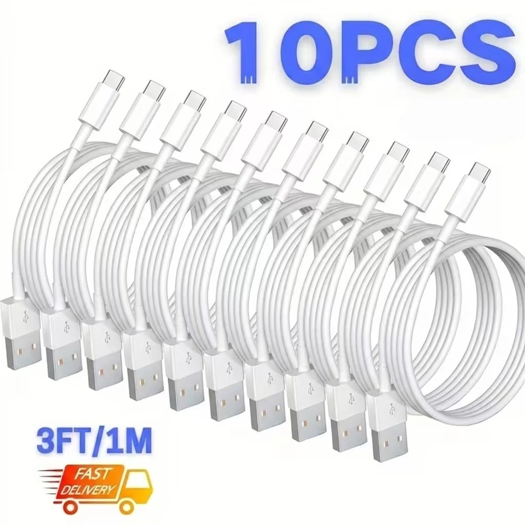 10-Pack USB A to USB-C Charging Cables, USB C Phone Charger Cord, High-Speed Data Sync, Flat Cable Design, Stable & Low Heat Charging. Compatible with Samsung Galaxy S23 Ultra, S22, S21, S20, A13, A53, Huawei, iPhone 15 Pro Max and Other USB-C Devices.